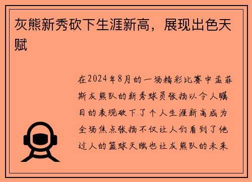 灰熊新秀砍下生涯新高，展现出色天赋