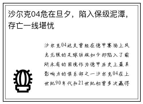 沙尔克04危在旦夕，陷入保级泥潭，存亡一线堪忧