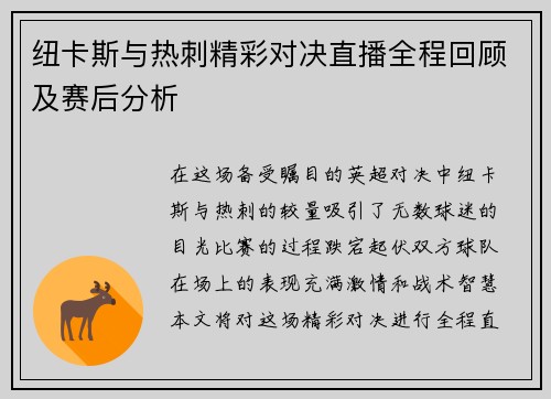 纽卡斯与热刺精彩对决直播全程回顾及赛后分析