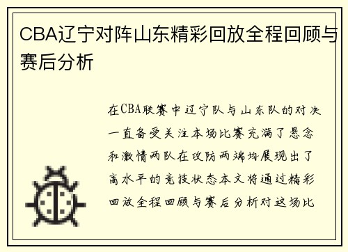 CBA辽宁对阵山东精彩回放全程回顾与赛后分析