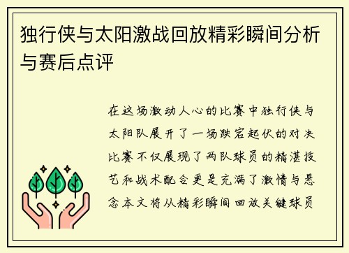 独行侠与太阳激战回放精彩瞬间分析与赛后点评
