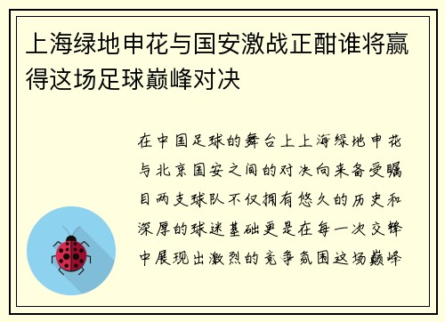 上海绿地申花与国安激战正酣谁将赢得这场足球巅峰对决