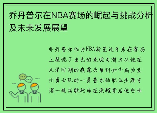 乔丹普尔在NBA赛场的崛起与挑战分析及未来发展展望