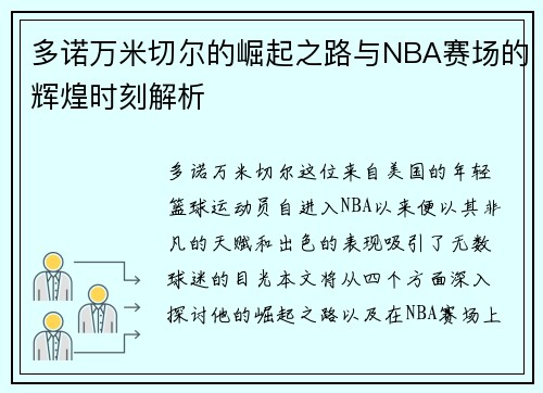 多诺万米切尔的崛起之路与NBA赛场的辉煌时刻解析