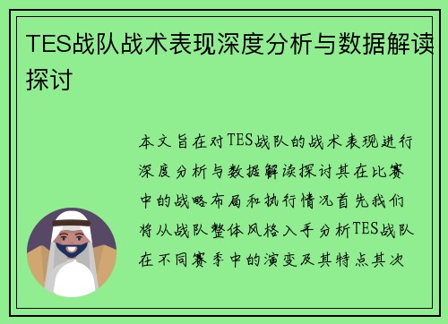 TES战队战术表现深度分析与数据解读探讨