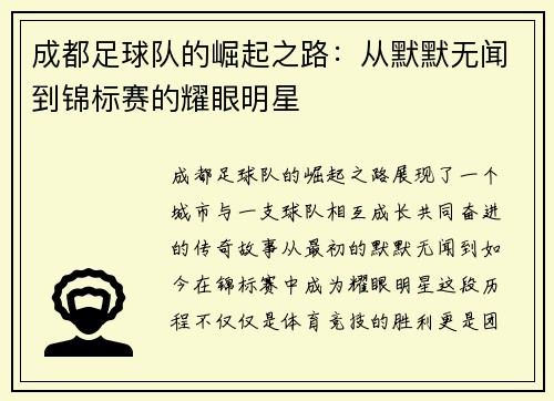 成都足球队的崛起之路：从默默无闻到锦标赛的耀眼明星