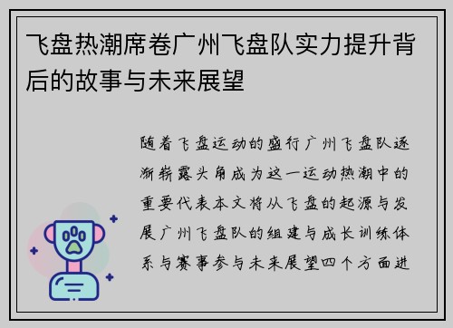 飞盘热潮席卷广州飞盘队实力提升背后的故事与未来展望